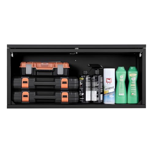VEVOR Metal Wall Cabinet, 30.31W x 12.01D x 14.02H Inch, Floating Garage Tool Cabinet with Up-Flip Door, 120 lbs Load per Shelf, Fit for Garage, Basement, Kitchen, Warehouse, Assembly Required - style: Upgrade Flip up 14"