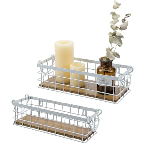 MyGift 13 and 12 Inch Nesting Storage Baskets with Handles, Wall Mounted or Tabletop White Metal Wire and Premium Acacia Wood Decorative Shelf Organizer Bins, 2 Piece Set - color: White, Acacia Wood