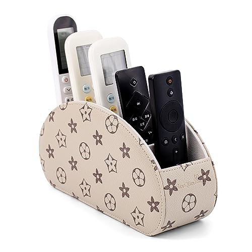 Remote Control Holders Organizer Box with 5 Compartment PU Leather Multi-functional Office Desk Storage Caddy Store Tv Remote for Media Player,Brush,Pencil,Glassees&Office Supplies (Begin+BrownF) - color: Begin+BrownF, size: S