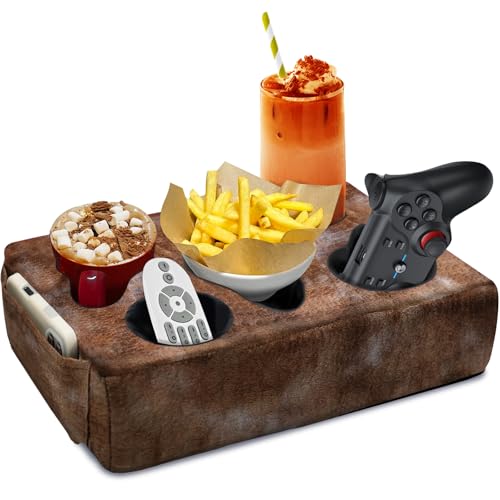 Couch Cup Holder Pillow, 5 Hole Couch Drink Holder! Keep Drinks Hand Side and Keep Temp, Prevent Spills and Use Anywhere. Cup Holder for Couch, Bed, Camping, RV, Car, Beach. Brown - color: Brown