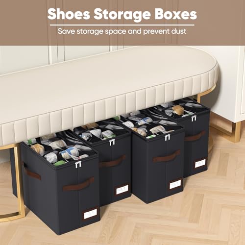 OIAHOMY 4 Pack Shoe Organizer for Closet, Foldable Shoe Storage Bins with Adjustable Dividers, Stackable Oxford Cloth Sneaker Boxes for Entryway Bedroom, Fits Up to 32 Pairs, Black - color: Black, size: 4 Pack