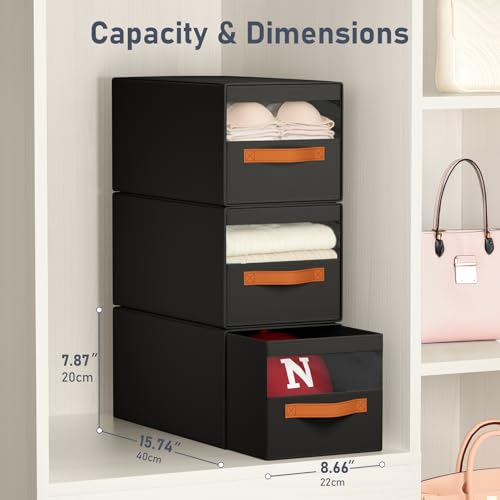 DIMJ Closet Organizers and Storage - Fabric Bins with Drawers for Closet Foldable Clothes Organizers with Clear Window, Stackable Storage Drawers Units for Hat, 4-Pack, Black - color: Black, size: ML - 4 Pack