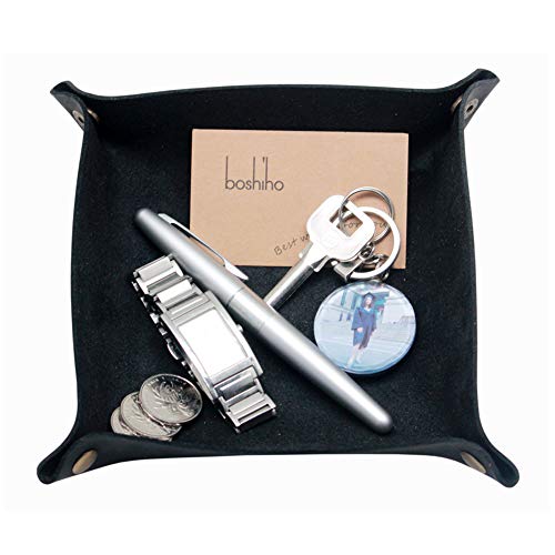 boshiho Valet Tray for Men, Leather Jewelry Catchall Key Phone Coin Box Change Caddy Bedside Storage Box (Crazy Horse Leather - Black) - color: Crazy Horse Leather - Black