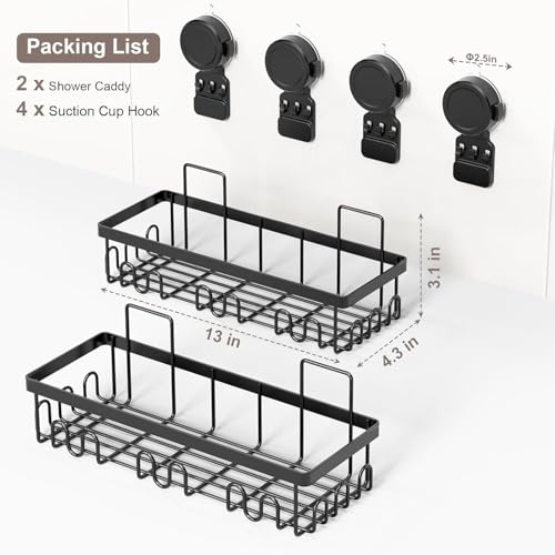 JOTPE Shower Caddy Suction Cup 2 Pack, No Drilling Shower Organizer for Bathroom with Large Capacity, Storage Suction Powerful Max Hold 40 lbs, Waterproof & Removable Bathroom Shelf, Black - color: black, size: Extra large
