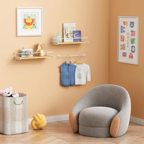 Forbena Floating Shelves for Wall with Rail, White and Natural Wood Nursery Book Shelves for Baby Girls Boys Kids Room Bedroom, Hanging Bookshelves Wall Mounted for Books, Toys, Bathroom (Set of 2) - color: 6. Natural-white