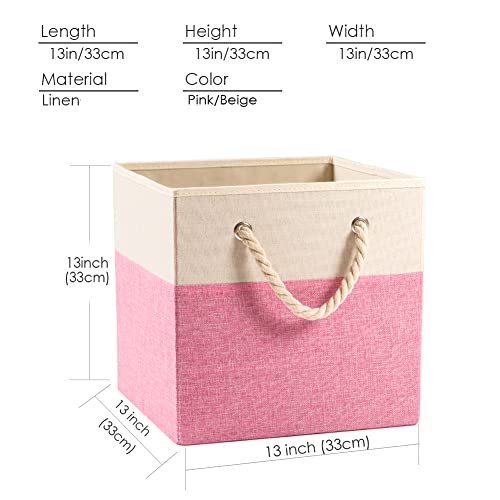 PRANDOM Large Foldable Cube Storage Bins 13x13 inch [2-Pack] Fabric Linen Storage Baskets Cubes Drawer with Cotton Handles Organizer for Shelves Nursery Closet Bedroom Pink - color: Pink, size: 13x13 inch(2-Pack)