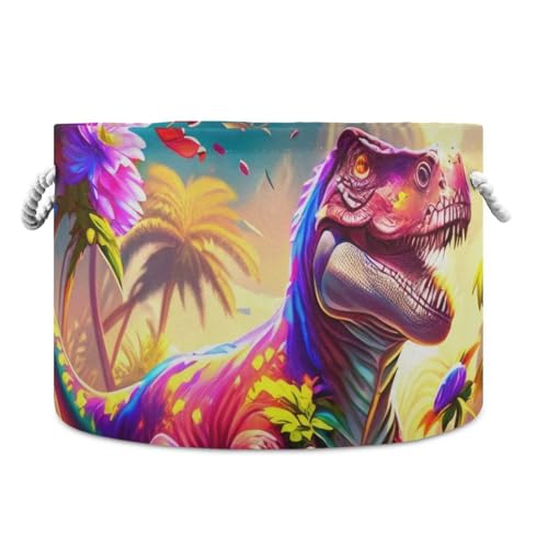 Pink Dinosaur Print Round Storage Basket Dinosaur Forest Large Laundry Hamper 20 x 20 x 14 Inches Organizer Bin with Cotton Rope Handles Clothes Storage Bag for Nursery Bedroom Living Room Decor - color: Purple and Green