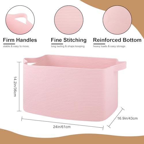 OIASKET 95L Extra Large Blanket Basket, 24" x 16.9" x 14.2" Woven Storage Basket for Living Room, Rectangle Nursery Blanket Storage for Toys, Towels, Dirty Clothes (Pink) - color: Pink, size: 24"x16.9"x14.2"