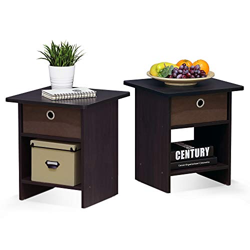 Furinno Dario End Table / Side Table / Night Stand / Bedside Table with Bin Drawer, 2-Pack, Dark Walnut - color: Dark Walnut, size: 2-Pack, Upper Bin