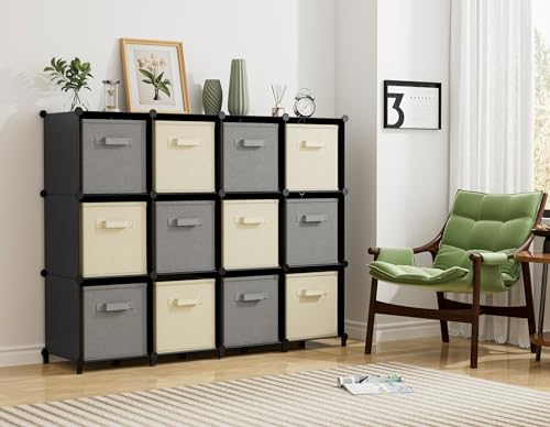 Closet Organizers and Storage, 12 Cube Storage Organizer, Portable Closet Organization Clothes Shelves for Kids, Closet, Bedroom, Bathroom, Office, Black - color: Black
