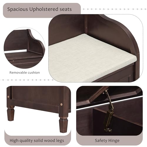 Knocbel Rustic Entry Storage Bench with Hidden Compartments and Removable Cushion, Wooden Entryway Hallway Foyer Shoe Bench Bedroom End of Bed Bench, 250lbs Weight Capacity (Espresso) - color: Espresso