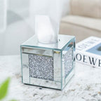 Mirrored Tissue Box Cover Holder, Square Glass Facial Tissue Holder with Crushed Diamond Crystals, Luxury Facial Paper Organizer Dispenser for Bathroom, Vanity Countertop, Tabletop, Silver