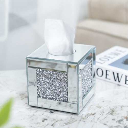 Mirrored Tissue Box Cover Holder, Square Glass Facial Tissue Holder with Crushed Diamond Crystals, Luxury Facial Paper Organizer Dispenser for Bathroom, Vanity Countertop, Tabletop, Silver