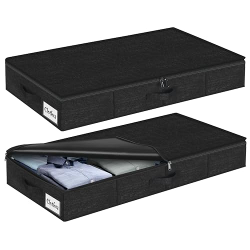 Under Bed Storage Container Bins 2 Pack, 4.5 Inch Slim Low Profile Underbed Clothes Storage Organizer for Dorm & Home, Use for Blanket and Toy Storage Box W/ Sturdy Bottom/Sides, Foldable Thick Fabric - color: Black-2 Pack, size: 4.5in-Slim