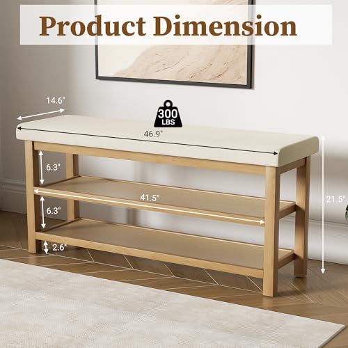 2 Tier Shoe Rack Bench with Cushion, Rubberwood Shoe Benches, Mid-Century Modern Shoe Storage Bench for Entryway, Hallway, Living Room, Closet, Front Door Entrance, Beige - color: Beige