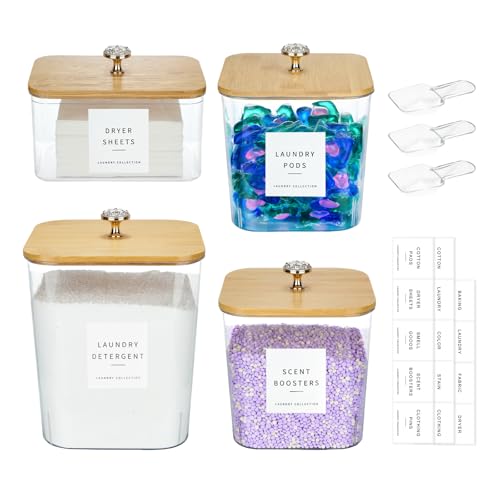 POLRAI 4 Pack Laundry Pod Containers and Dryer Sheet Holder, Laundry Room Organization Storage Containers with Lids and Labels for Detergent Pods Dry Sheet Organizing - color: Natural, size: 2+1+1 Pack