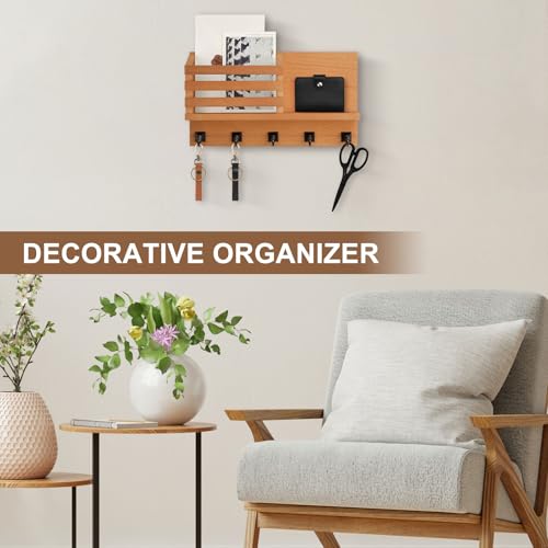 Key Holder Wall Mount, Mail Organizer for Wall with 5 Square Rustic Key Hooks Key Shelf Farmhouse Home Decor for Entryway - color: Wood