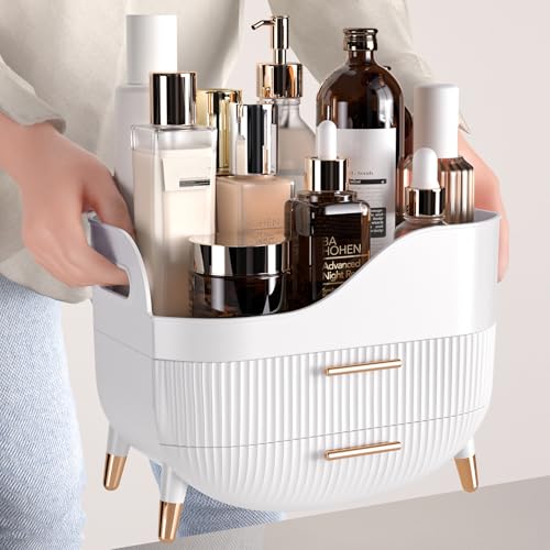 Pajiriona Makeup Organizer with Drawers,Skincare Organizer for Vanity,Storage Box with Handle,Large Cosmetic Display case for Dresser, Bathroom Countertop - color: White
