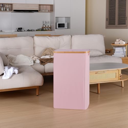 iEGrow 75L Slim Laundry Hamper, Narrow Laundry Basket with Lid,Foldable Clothes Hamper with Bamboo Handles,Hamper Basket with Removable Inner Bag for Laundry Room Bedroom College Dorm,19.8 Gals Pink - color: Pink, size: 75L