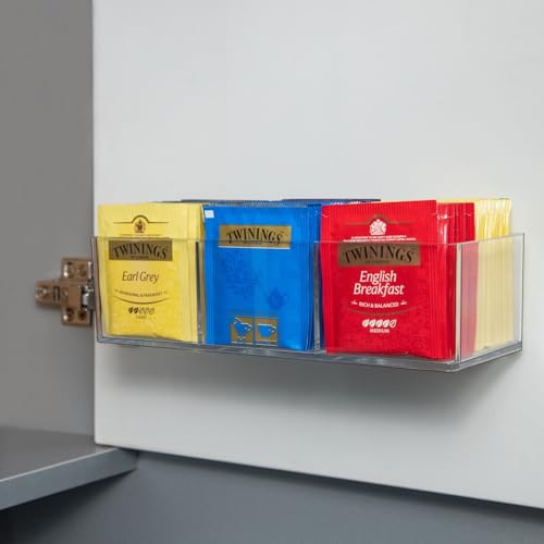 Tea Bag Organizer Holds up to 60 Tea Bags, Tea with 3 Compartments, Adhesive Wall Mount Tea Box Strong Tea bag Holder Hooks for Storage Cabinet and Kitchen Pantry Doors Transparent