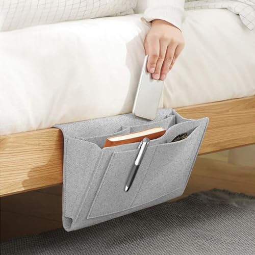 Bringsine 5 Pockets Bedside Caddy, Felt Bed Storage Organizer Hanging Bag Holder for Magazine Book Phone Tablet iPad Cables Remote and Water Bottle Holder Home Dorm Bed Sofa-Light Gray - color: Light Gray, size: 5 Pockets + Bottle Holder