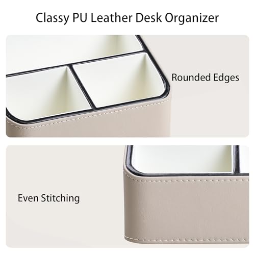 Remote Control Holder, PU Leather Small Desk Organizer with 4 Compartments, Nightstand Organizer Office Desk Accessories Desk Caddy for Countertop Bedside End Table (Beige) - color: Beige