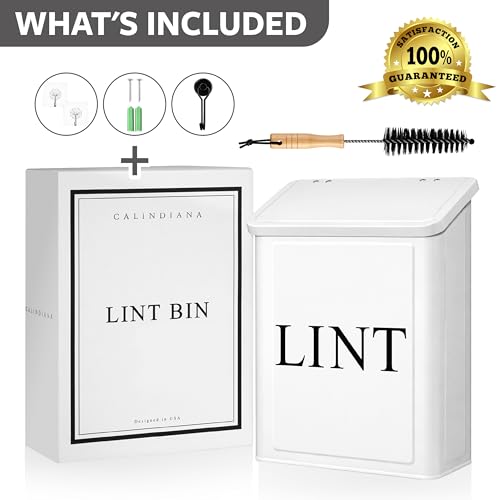 Calindiana Modern Farmhouse Metal Magnetic Lint Bin with Lid and Laundry Room Organization and Storage Wall Mount Space Saving Washer and Dryer Trash Can (White (LINT Brush Set)) - color: WHITE (LINT BRUSH SET)