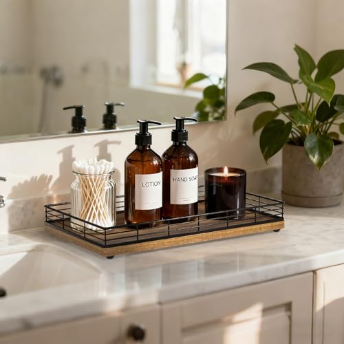 Large Bathroom Vanity Tray – 13" x 8" Acacia Decorative Wooden Tray for Bathroom Countertop & Vanity Organizer, Wood Tray for Perfume, Skincare Accessories Storage Vanity Dresser Decor Black & Acacia - color: Acacia, size: 13" x 8" x 2"