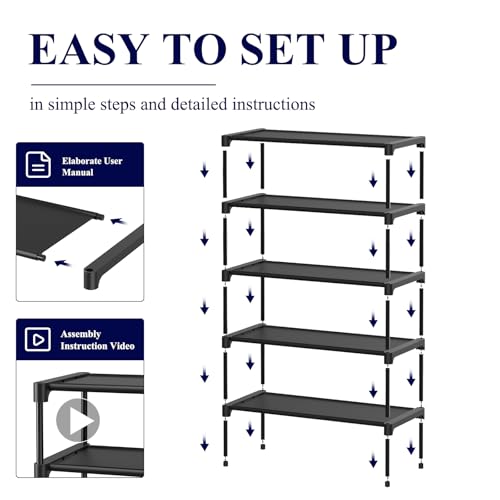 Kitsure Shoe Rack - Non-Woven Shoe Rack Shelf, Shoe Organizer for Closet, Entryway, Garage & Corridor, Stackable Shoe Shelves, 27.5" Wide - 5 Tier, Black - color: Black, size: 27.5" Wide - 5 Tier
