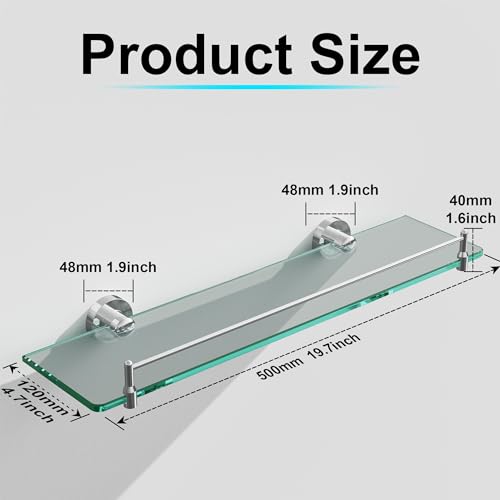 20 Inches Glass Shelves for Bathroom, Chrome Polished Floating Glass Shelf Stainless Steel Tempered Glass Bathroom Shelves for Wall Mount Modern - color: Chrome Polished, size: 20"with railing