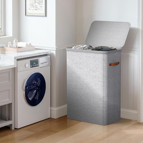 Sorbus Laundry Hamper with Lid - Collapsible 2-Compartment Fabric Laundry Basket with Handles and Removable Laundry Bag – 45 Gallon (170 L) Dirty Clothes Hamper for Bedroom, bathroom and dorm (Gray) - color: Gray, size: 2 Compartment