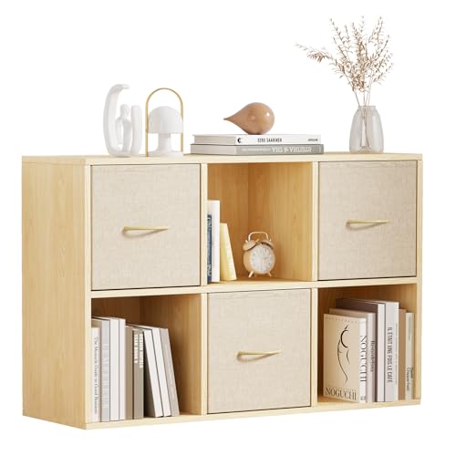 6 Cube Storage Organizer - Solid Wood Bookshelf with 3 Storage Bins, Cube Shelf with 2 Removable Back Panels, Vertical or Horizontal Bookcase, Open Book Shelf for Bedroom, Living Room, Office - size: 6 Cube Shelf
