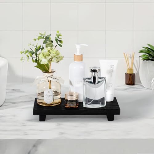 Bathroom Tray Farmhouse Decor Pedestal Stand Wood Riser Display Kitchen Accessories Soap Holder for Sink, Counter, Vanity, 11 * 5.5 Black - color: Black, size: 11" x 5.5" x 1.6"
