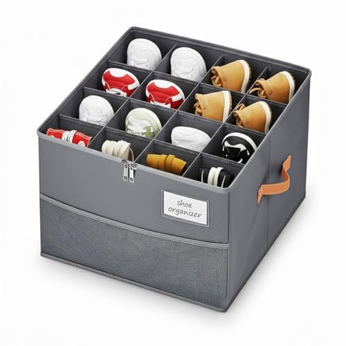 Shoe Organizer for Closet, Foldable Shoe Storage Organizer Containers with Clear Cover, Space Saving Shoes Holder with Handles, Gray (1, Large) - color: Grey-1pcs Large