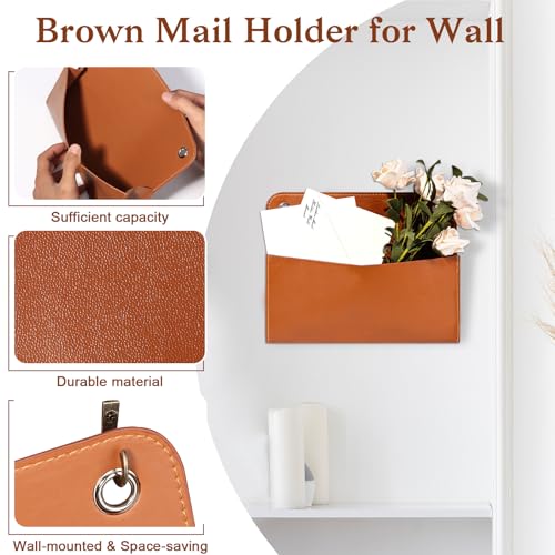 Wall Mount Brown PU Leather Letter Holder 9.8" x 7.7" x 1.4" Mail Holder Vintage Wall File Organizer 2 Ring Binder Hanging File Holder for Office Home Decor Storage Letter Postcards Bill Flowers - color: Brown