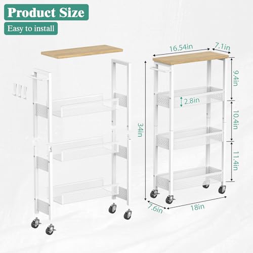 Giwil Slim Rolling Storage Cart 4 Tier Bathroom Organizer Mobile Shelving Unit Utility Cart with Wood Top and Handle for Kitchen Laundry Narrow Places, White - color: White, size: 4 Tier (W-7.1IN)