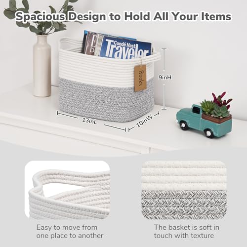 Goodpick Woven Storage Basket, Small Laundry Basket for Clothes, Towels and Shoes, Rope Square Gift Organizer with Handles, Gray and White, 13 x 10 x 9 Inches - color: Light Grey, size: 13"L x 10"W x 9"H
