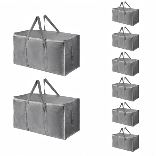 8 Pack-Extra Large Heavy Duty Moving Bags - Waterproof Storage Totes with Handles & Zippers, Foldable for College Dorm, Storage (Gray) - color: Gray, size: 8