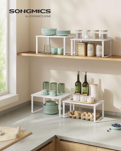 SONGMICS Cabinet Organizer Shelf, Set of 4 Kitchen Counter Shelves, Kitchen Storage, Spice Rack, Stackable, Expandable, Metal and Engineered Wood, Cloud White and Snow White UKCS027W01 - color: Cloud White + Snow White, size: 11.7"W
