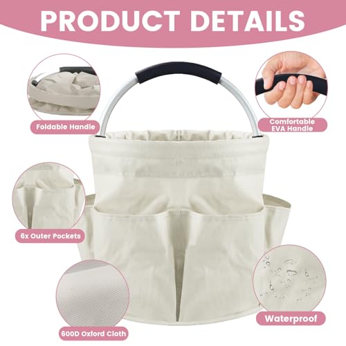 Cleaning Caddy with Handle and 6 Pockets, 17L Cleaning Supplies Organizer, 600D Oxford Fabric Storage Basket, Multifunctional Bucket Bag for Picnics, Camping, Gardening, Bathing (Off-White) - color: Off-white