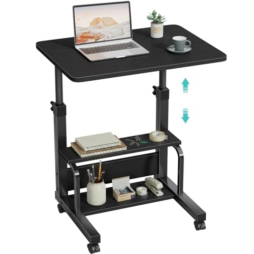 WINAZ Small Rolling Desk for Small Spaces - 24" Portable Kids Desk with Wheels, Height Adjustable C Shaped Side Table Mobile Laptop Desks with 2-Tier Storage Shelves for Bed Sofa, Black - color: Black
