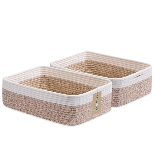 MiniArk Large Shallow Organizing Baskets 15x11x5.1 Inches - Rope Woven Storage Bins for Bathroom, Shelves, Cube Closet, White Mixed Brown 2 Packs - color: Off White & Mixed Brown, size: 2pcs-L15×W11×H5.1"