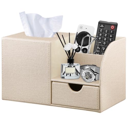 YAPISHI Square Tissue Box Cover with Storage Drawer, PU Leather Facial Tissues Cube Boxes Holder Modern Makeup Remote Control Holder, Nightstand Organizer Caddy for Bathroom Vanity, Office, Home Decor - color: Beige