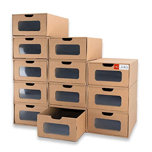 Shoe Boxes Cardboard, 12 Pack, Big Size, Waterproof, Heavy Duty, Stackable Shoe Storage Boxes, with Marking Labels, Transparent Window, 13.8" L x 9.3" W x 5.3" H - size: Big Size(13.8'' x 9.3'' x 5.3'')