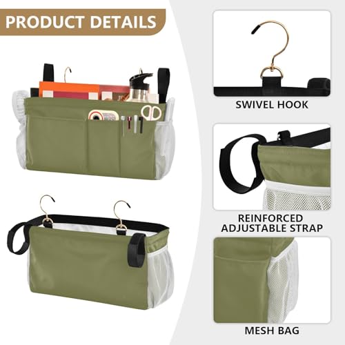 Olive Color Bedside Caddy Storage Bag Bedside Organizer for Dorm Room Top Bunk Bed Bedside Shelf Hanging Organizer 6 Pockets with Hooks for Glasses Book Tablet Holder - color: Olive Color
