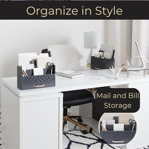 BLU MONACO | Wooden Mail Organizer with Drawer Gold Handle | Mail Sorter Organizer Countertop and Outgoing Mail Holder | Tabletop Organizer with Drawers Grey Desk Storage - color: Grey