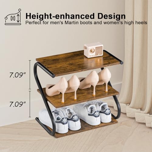 Small 3-Tier Shoe Rack, Z-Frame Wooden Shoe Shelf with Durable Metal Shelves for Hallway, Living Room, Closet, Bedroom (17.2”) - size: 10.35 x 17.20 x 15.75 Inches