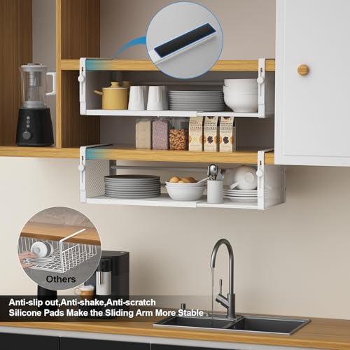 AmonHouseware 2Pack Under Shelf Basket, Adjustable Hanging Under Cabinet Shelf Storage, Hanging Holder Length Stretchable 14.9-22.6Inch for Kitchen Pantry Desk Counter Bookshelf Cupboard (White) - color: White