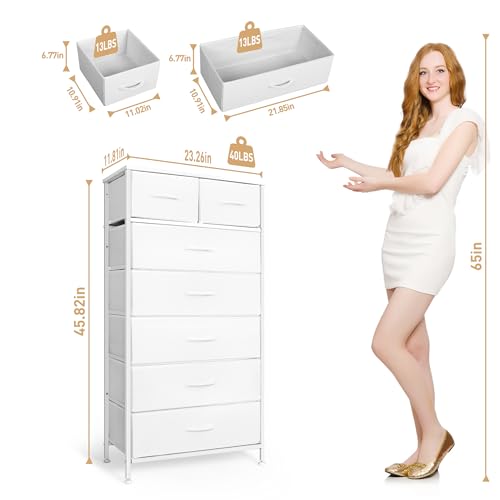 Mifuro Tall Dresser for Bedroom, Vertical Storage Organizer Tower with 7 Drawers, Chest of Drawers with Fabric Bins, Steel Frame, Wood Top for Bedroom, Closet, Entryway- White - color: White, size: 7 Drawers