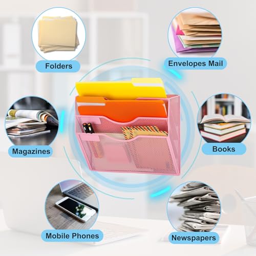 EASEPRES Magnetic 3 Pocket Mesh Hanging Wall File Organizer, Wall Mounted Mail Paper Document Folder Holder, Clipboard Storage Magazine Rack with Nametag Label for Office Home School, Pink - color: Pink, size: 3 Tier Magnetic